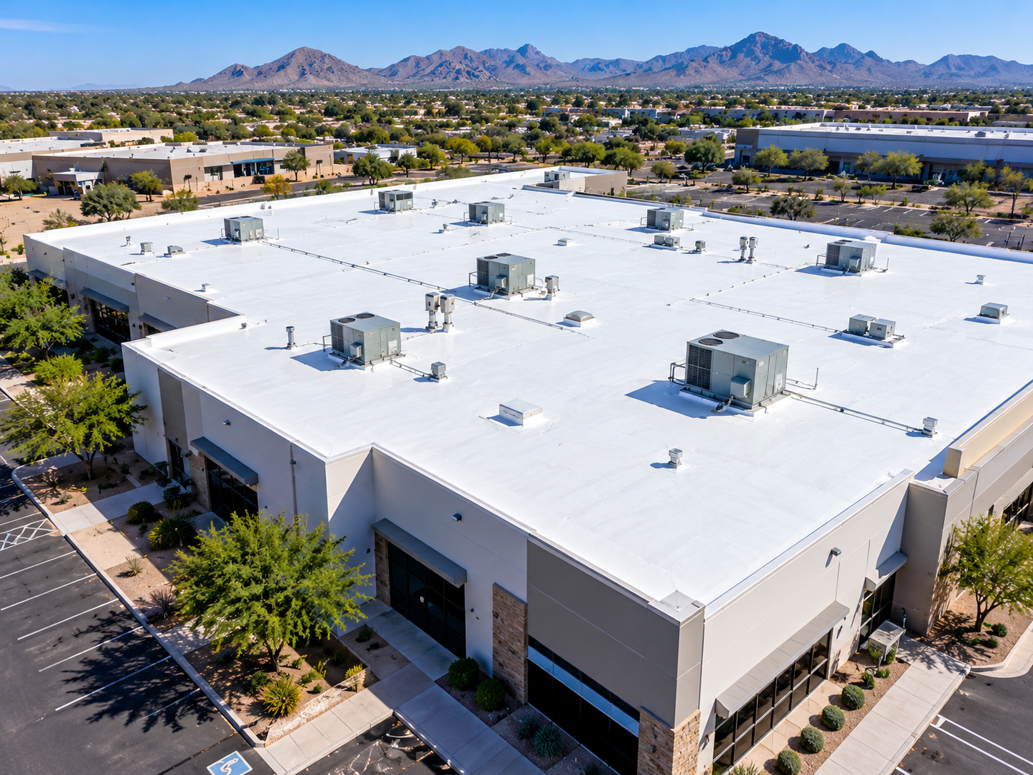 White commercial flat roof building